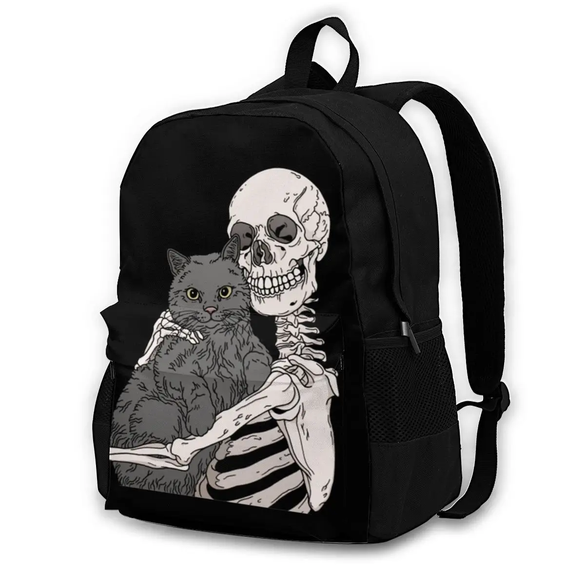 

Skeleton And Cat Best Friends Backpacks Skull Halloween Hug Teen Breathable Fashion Backpack Polyester Camping Bags