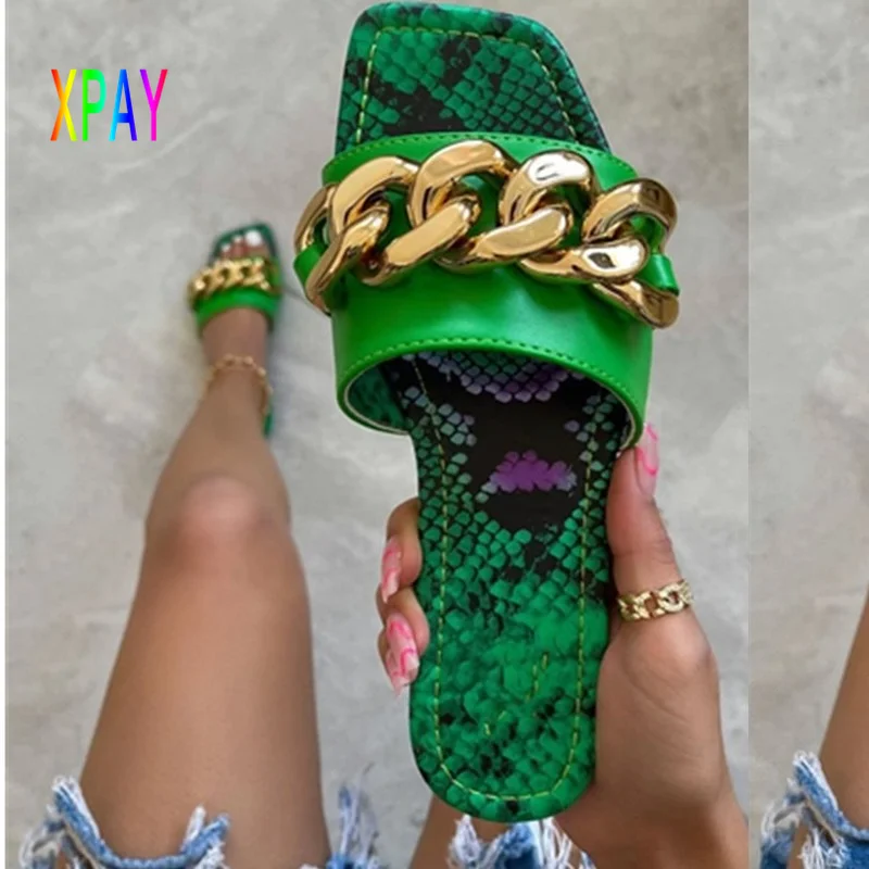 

Women's Summer Sandals Slippers Metal Decoration Square Head Flat Heel Outdoor Beach Comfortable Leopard Print Slippers Ladies