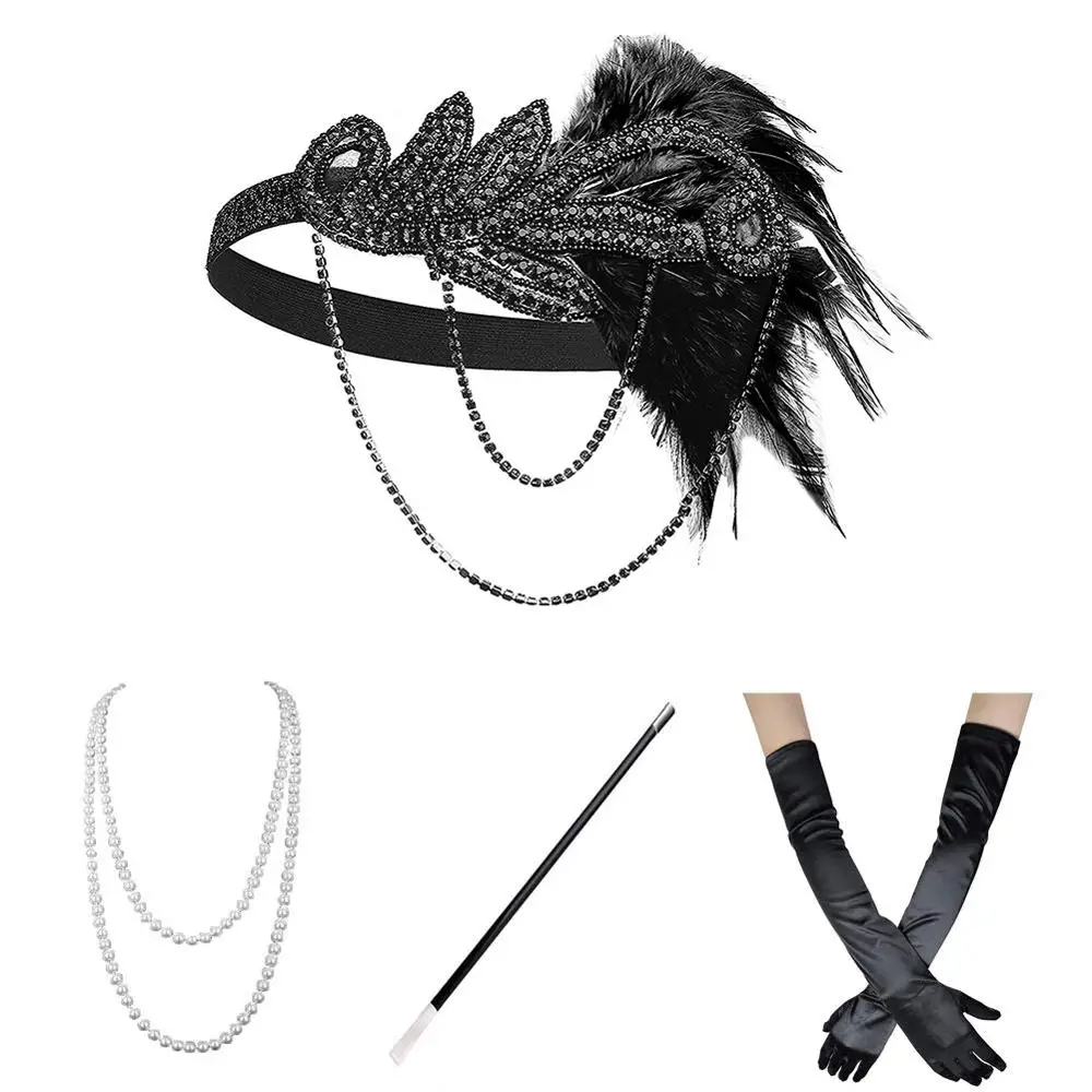 Black Set 1920s костюм девушки-флаппера Gatsby аксессуары набор для женщин Ревущие 20 ободок с сережками ожерелье перчатки сигарета держатель золото, вино - Цвет: Black Set
