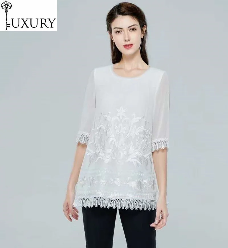 2020 Plus Size Shirt Summer High Quality Brand Women Lurex Embroidery 3/4 Sleeve Elegant White Black Blouse Tops Female