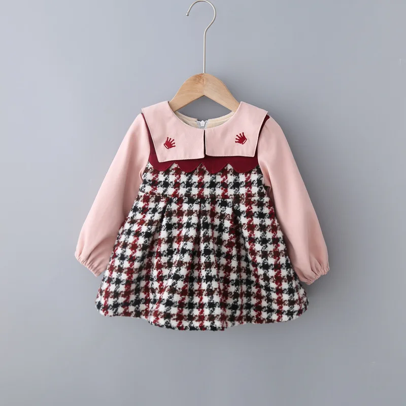

Autumn Winter Baby Girls' Sweet Velvet Plaid Dress Woolen Princess Dress Cute Doll Collar Ladies' Dress kids baby girl cloths