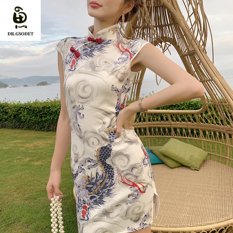 

GSODET Tik Tok Elegant Dress for Women Cheongsam New Split Slim Short-Sleeved Hip Sexy Women's Fashion Dresses Skirt