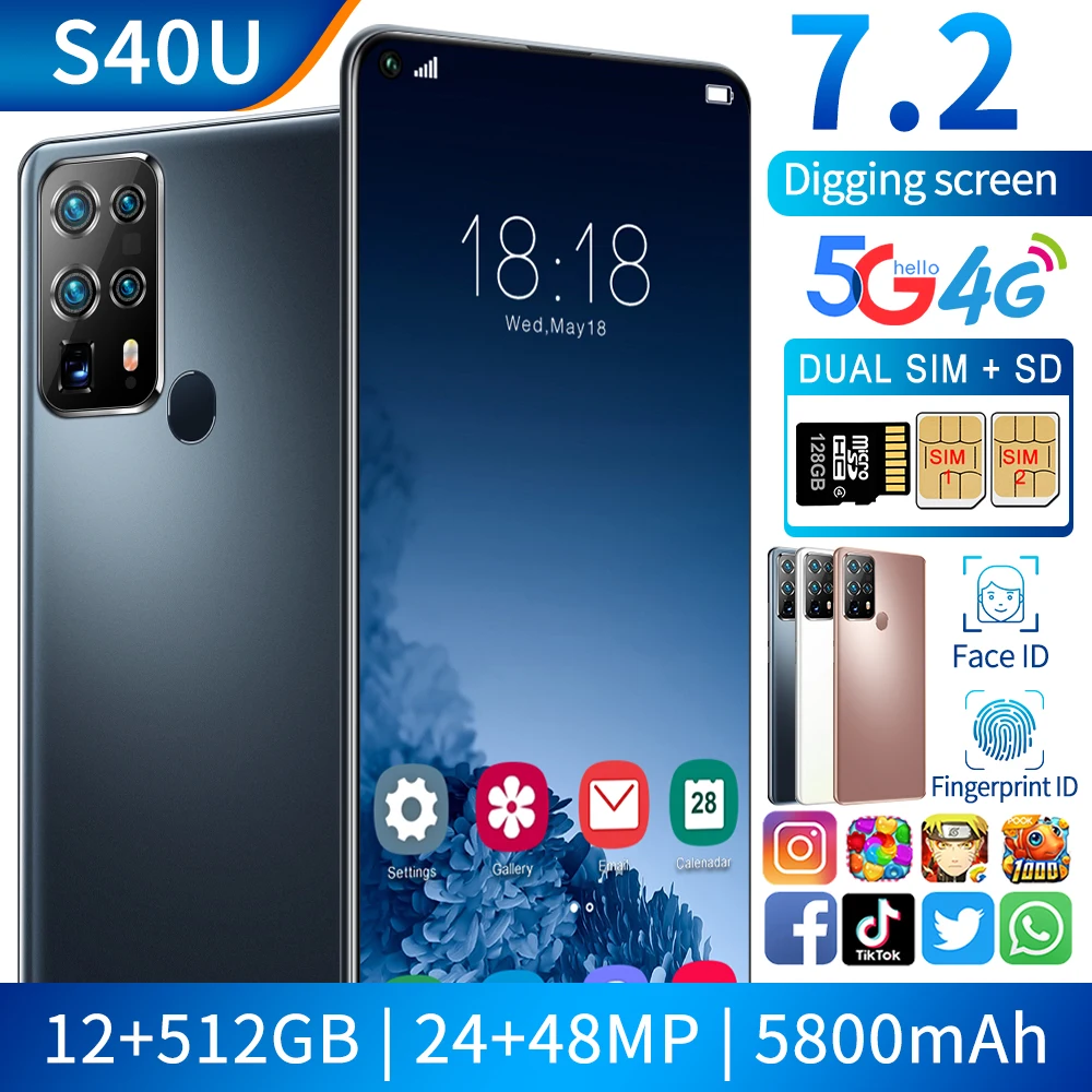 

5G Smartphone S40U 12GB+512GB Android 10 5800mAh Battery 24+48MP HD Camera 7.2Inch 2021 Hot Selling 4G LTE Mobile Phone Network