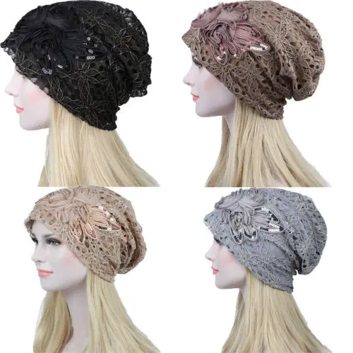 

Autumn Winter Beanie Hat Lace floral hat Baggy Beanie Cancer Hat Turban Ms. lace month warm chemotherapy hat cappello donna