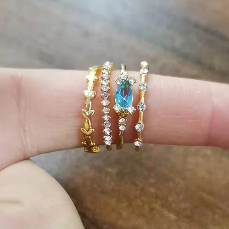

Fashion 4 PCS/set Crystal Flower Women's Ring Set Trendy Engagement Wedding Party Famale Rings Jewelry Accessories Size 5-10
