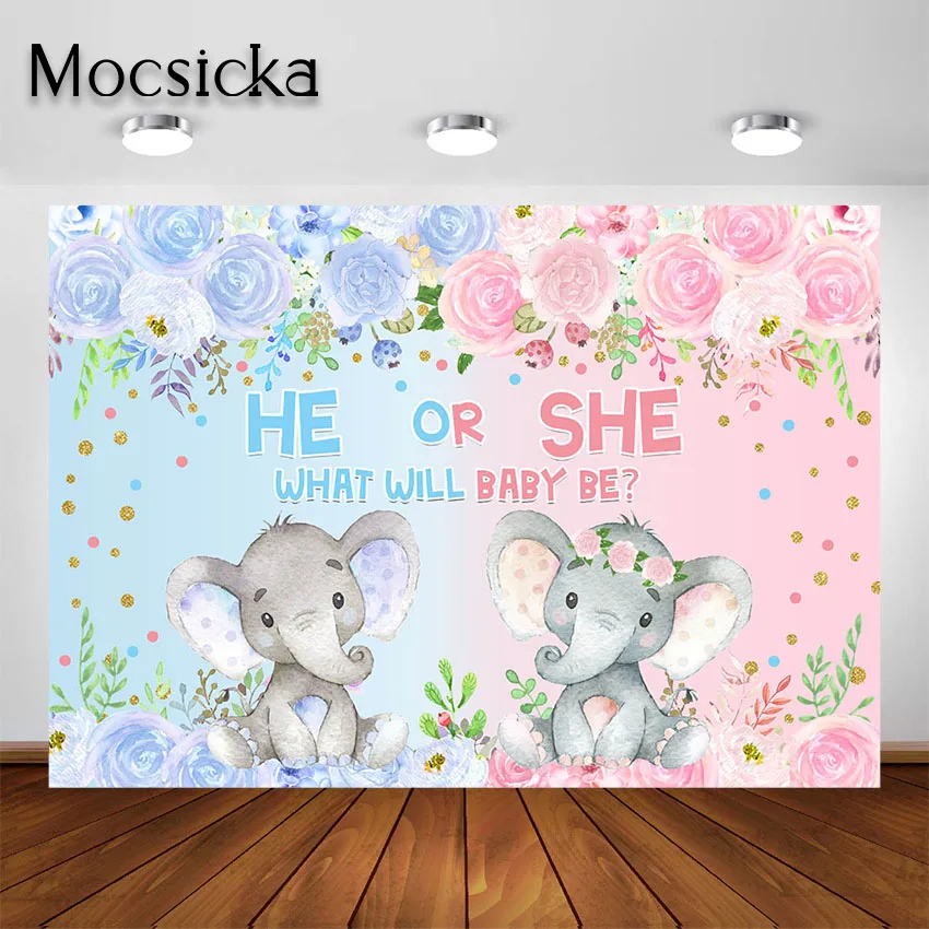 

Mocsicka Elephant Gender Reveal Photography Backdrop Pink or Blue Elephant Flower Boy or Girl Baby Shower Party Background