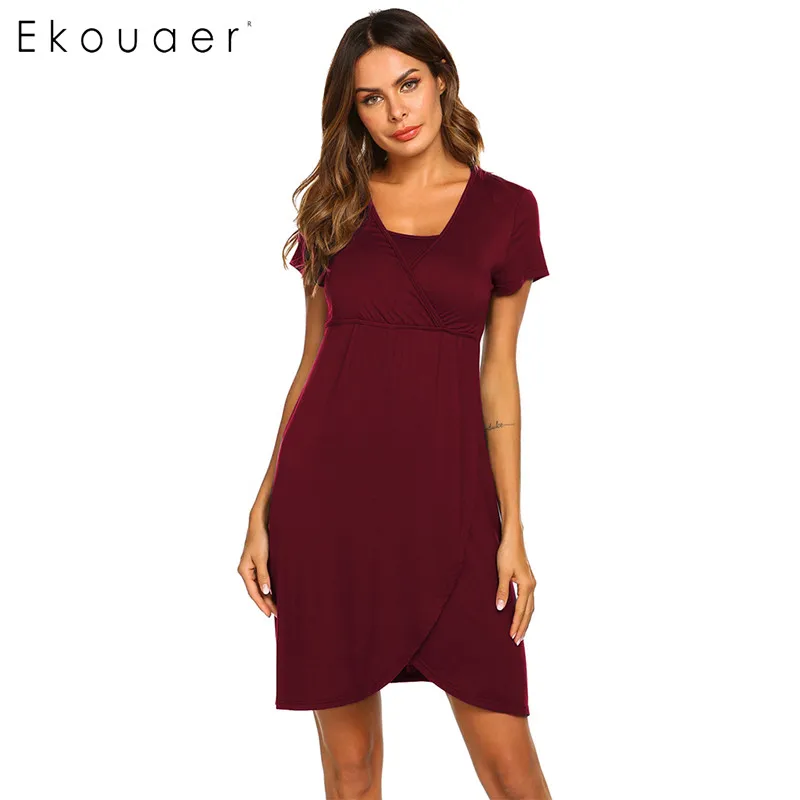 Wine Red Ekouaer, женская ночная рубашка, ночная рубашка для беременных, ночная рубашка с круглым вырезом, свободное платье для сна - Цвет: Wine Red