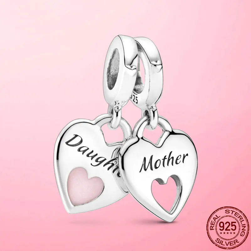 

925 Sterling Silver Beads Pink Heart Daughter Love Mom Forever Charm Pendant Fit Pandora Bracelet Original 925 Silver Jewelry