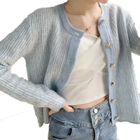 knitted sweater women 2021 spring and autumn gentle temperament fresh bright silk cardigan loose top baby blue jacket t136