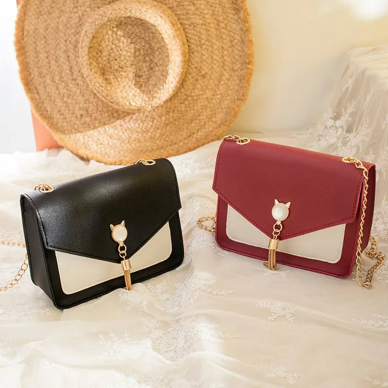 

Crossbody Bags for Women 2020 Hit Color Female Bag Cat Ear Tassel Small Square Bag Chain Coin Purse PU Fashion Shoulder Bag