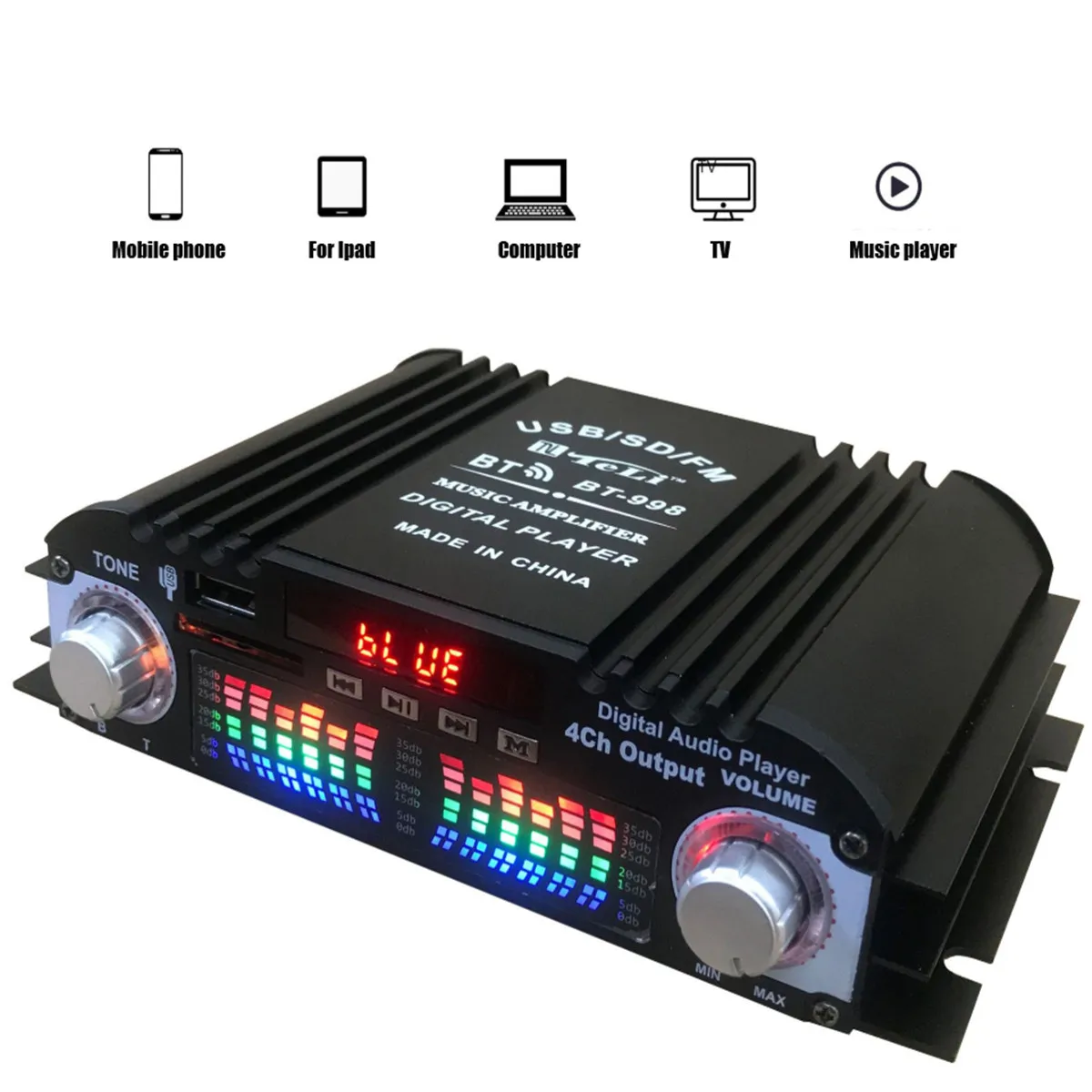 DC12V Bluetooth Amplifier Home Digital Amplifiers 180Wx4 Car Audio Bass Power Hifi FM USB SD Radio for Subwoofer Speakers | Электроника
