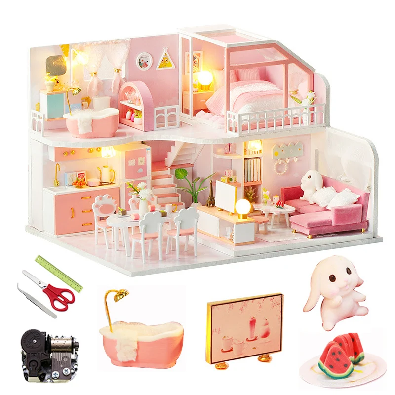 Diy Miniature Dollhouse Kit Wooden Doll House Furniture Pink Small House Model Room Box Toys For Children Adult Christmas Gifts