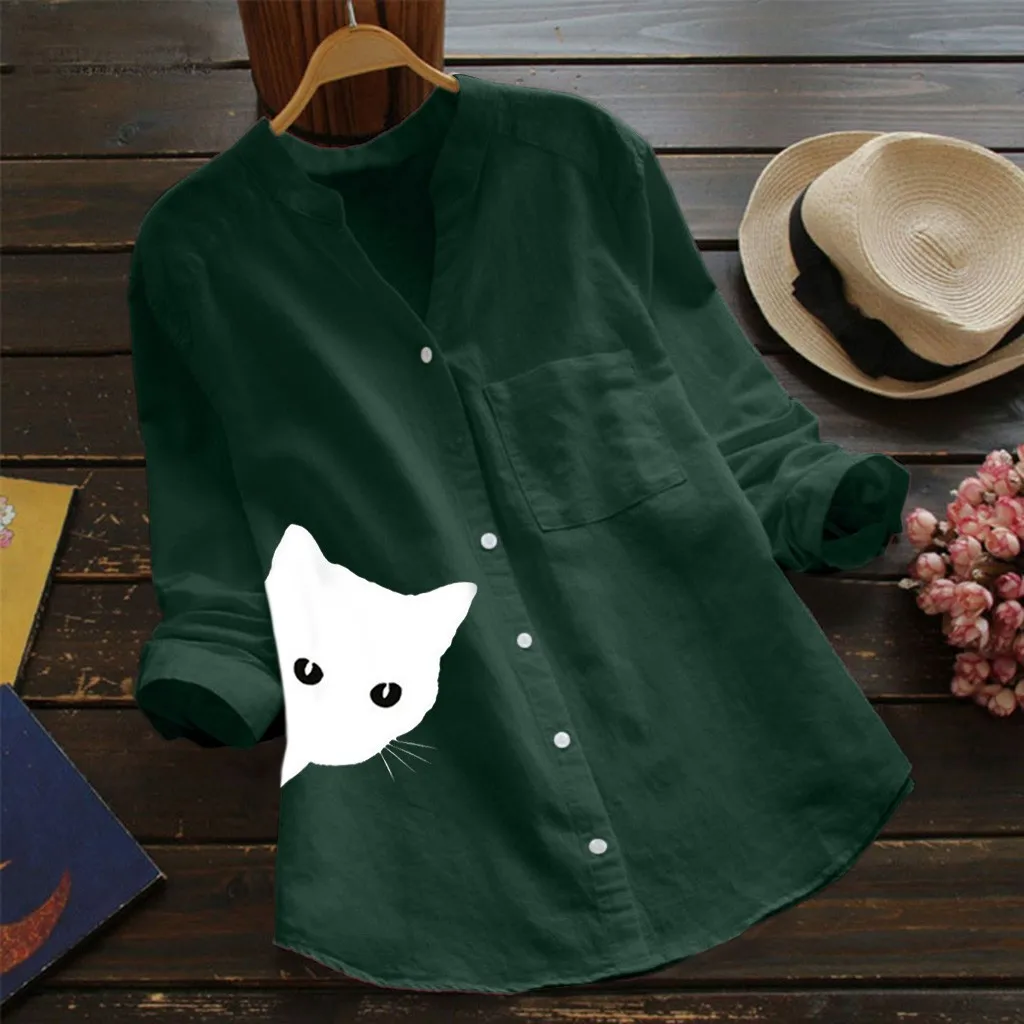 Womens Blouses Spring Tops Leisure White Shirts Cute Cat Print Button V Neck Cardigan Top Loose Long Sleeve Cotton Linen | Женская