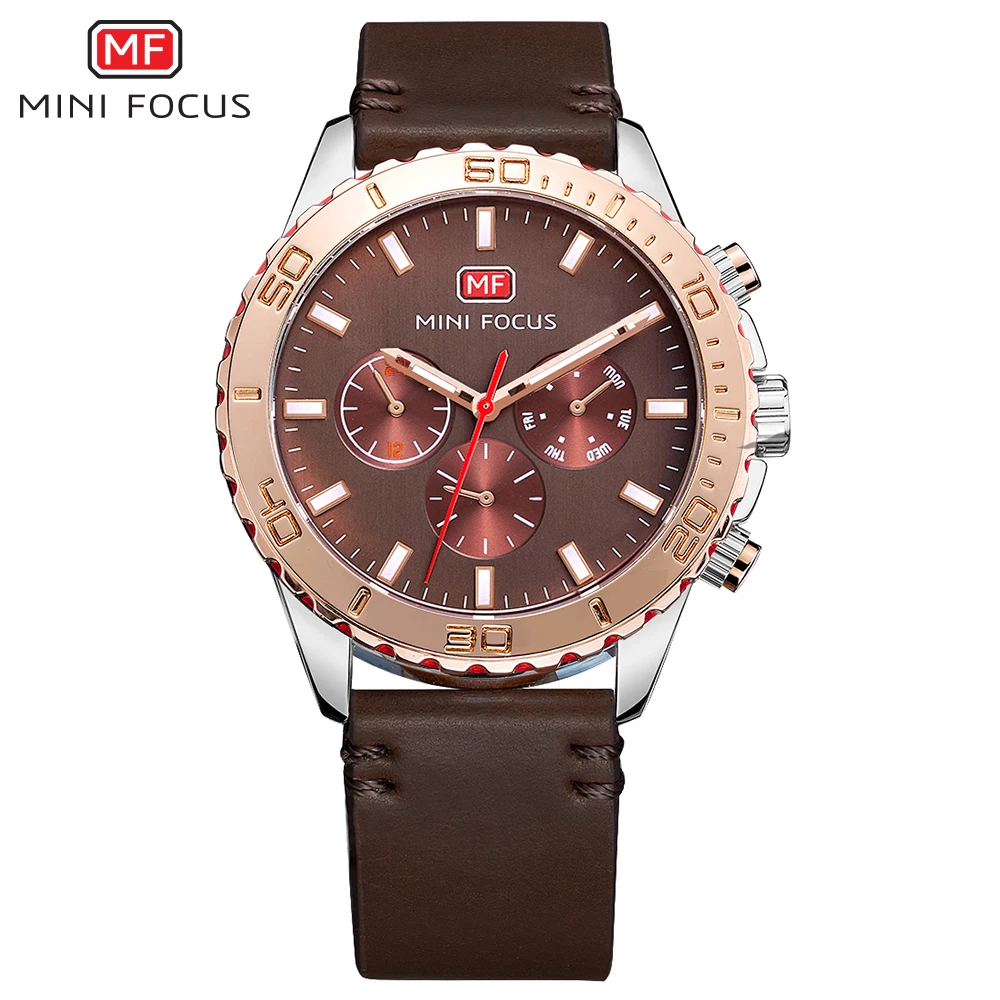 Мужские часы MINI FOCUS брендовые Роскошные Кварцевые с кожаным ремешком
