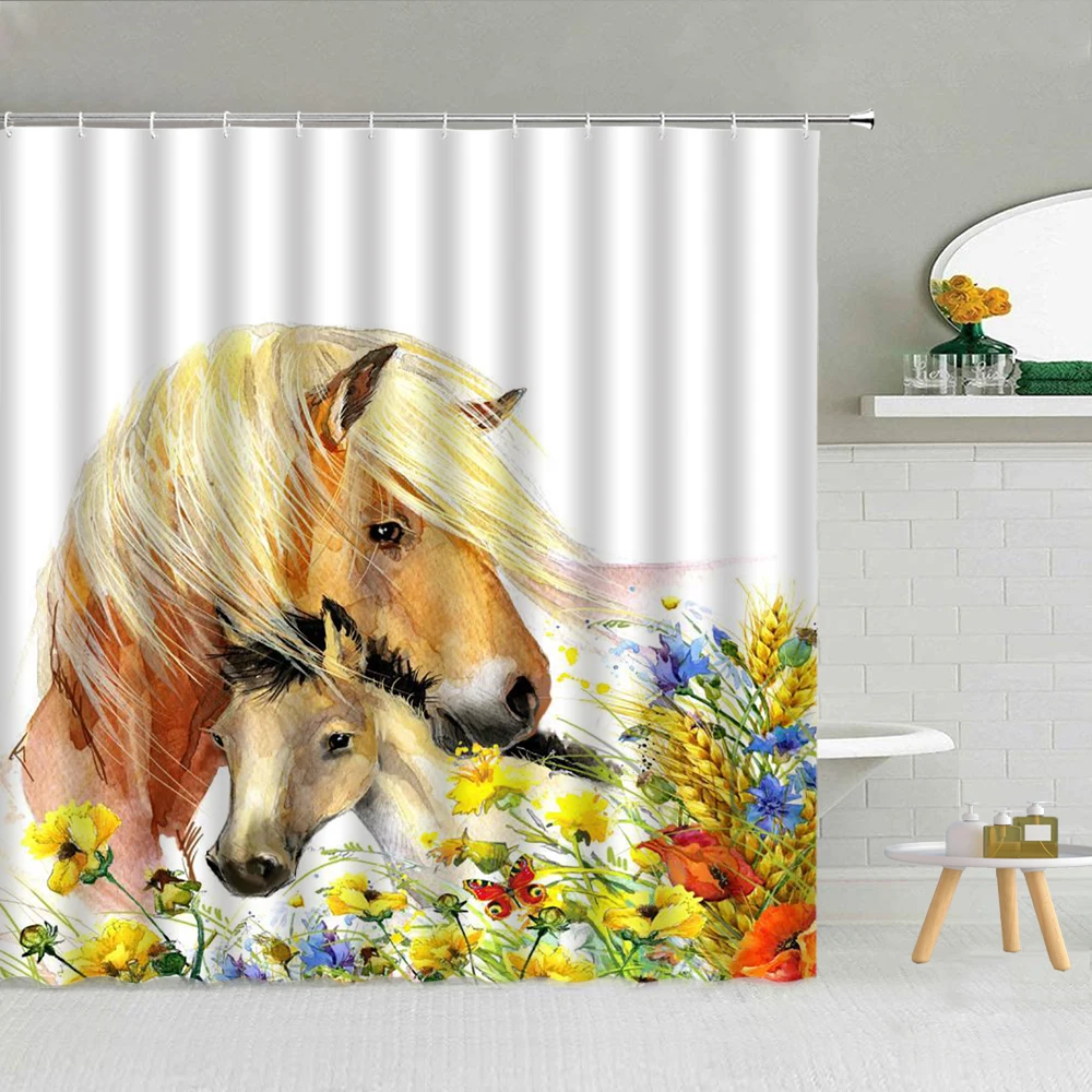 

Oil Painting Animal Wolf Forest Tiger Steed Panda Lion Shower Curtain Bathroom Decor Supplies High Quality Fabric With Hooks