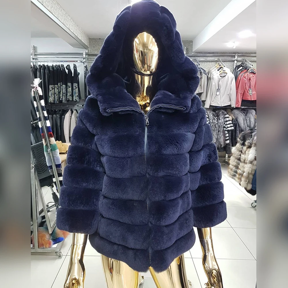Real Rex Rabbit Fur Jacket With Hood High Quality Women Winter New Whole Skin Genuine Rex Rabbit Fur Coat Trendy Fur Overcoats