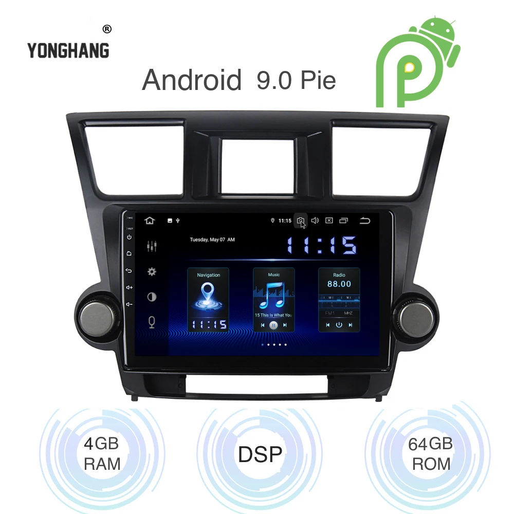 Android 9 0 автомобильный радиоприемник 1 Din gps Navi для Toyota Highlander 2009 2012 PX6 DSP ips экран 4 Гб +
