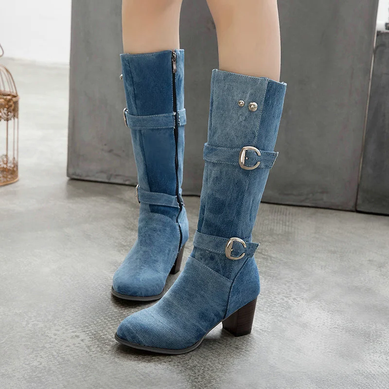 

Women Rounded Toe Thick Heels Boots Solid Denim Fabric Belt Buckle Side Zipper Bootas Short Plush Winter Non-slip Sole Commuting