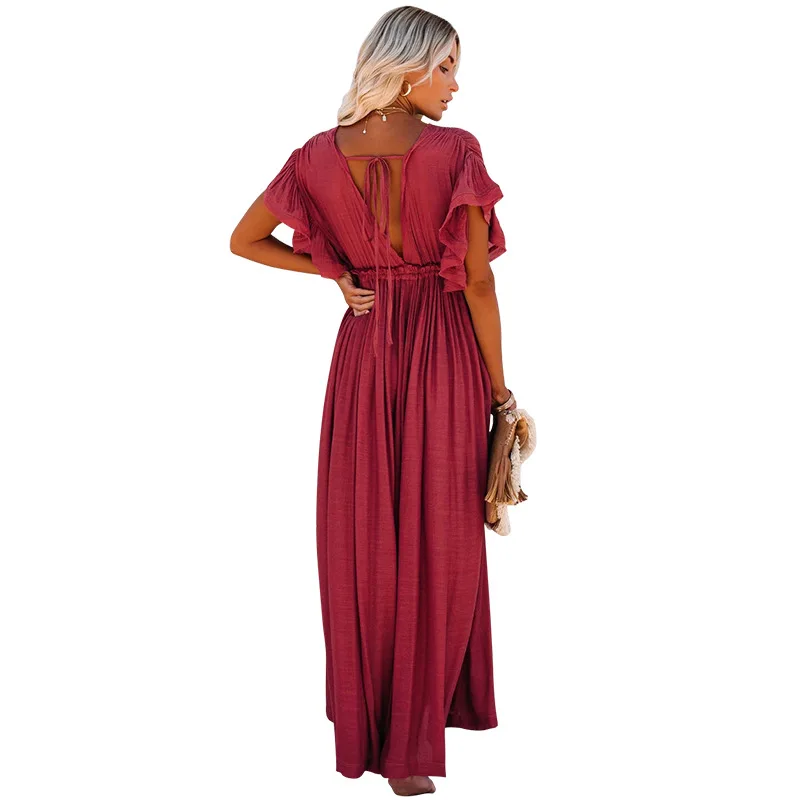 

New Women's Fashion Solid Color Short-sleeved V-neck Knitted Dress Summer 2021 Bohemian Casual Dresses for Women