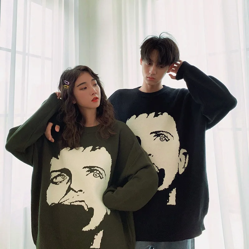 

Mens Streetwear Harajuku Sweater Vintage Retro Japanese Style Anime Portrait Print Knitted Sweater 2022 Autumn Cotton Pullover