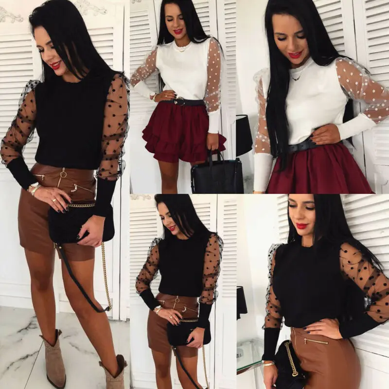 

WomensT-Shirts Fashion Ladies Puff Polka Doe Mesh Sheer Sleeve Solid Tops Slim High Neck Spring Elegant Pullover Sweater Jumper