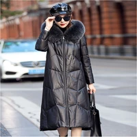 sheepskin down female long section autumn winter new korean leather hooded fox fur collar leather down big size womens coat