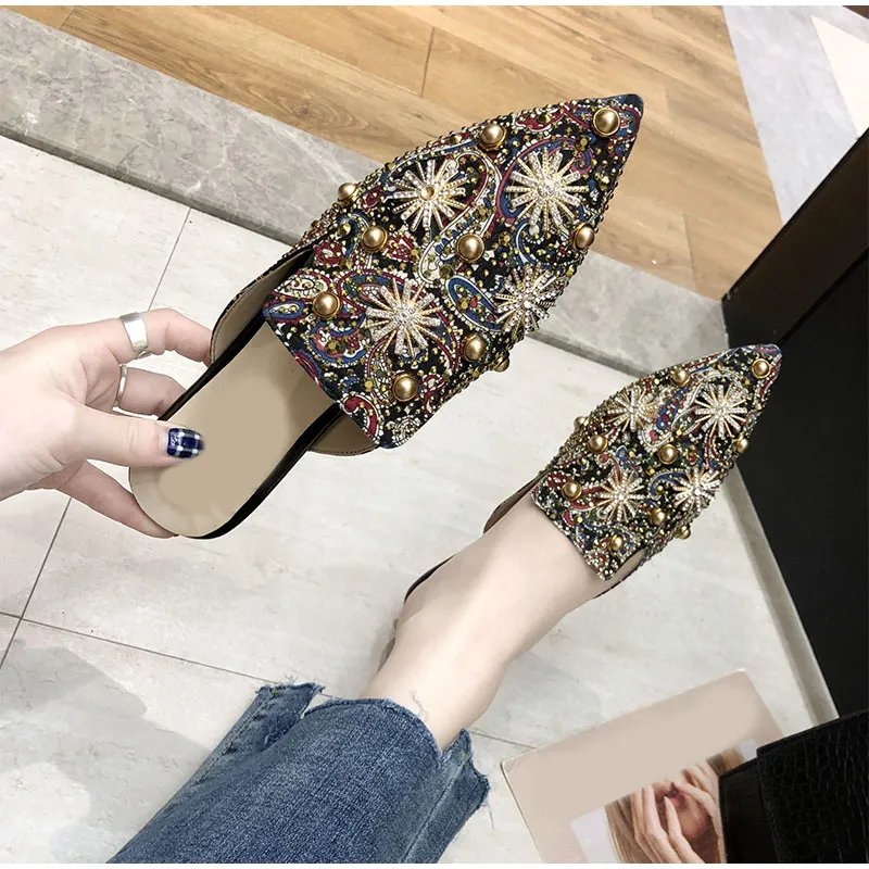 

New Summer Women Slippers Sexy Pointed Toe Woman Shoes Fashion Rhinestone Bling Slip On Ladies Printing Flat Footwear erf56