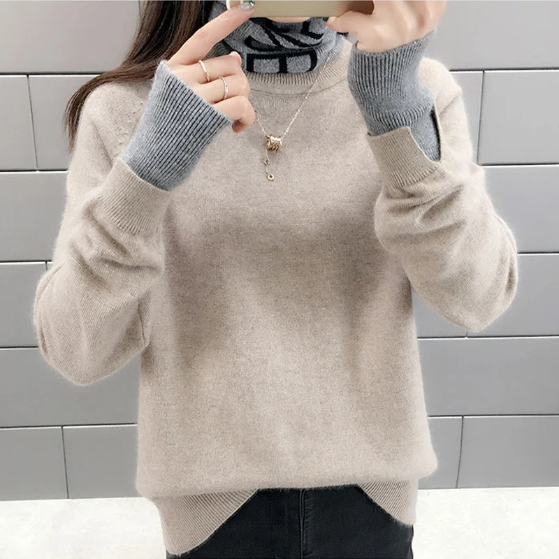 

Lucyever Fashion Patchwork Women Pullovers Sweater Winter Thick Turtleneck Loose Korean Chic Soft Knitted Jumper Basic Tops 2021