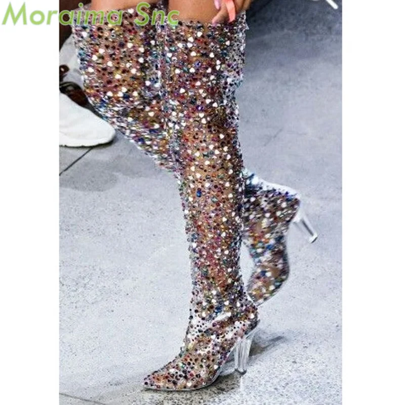 

Moraima Snc Long Boots Crystal Thick High Heels Pointed Toe Clear Surface Women Thigh Boots Over the Knee New Autumn Spring Shoe