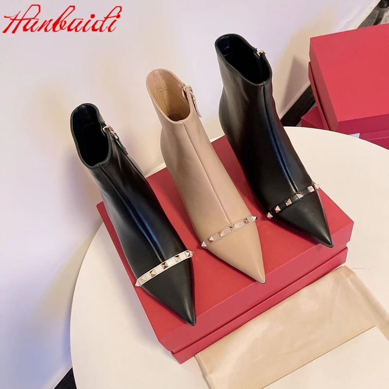 

Sexy Ankle Boots New Shoes Women Autumn Winter Genuine Leather High Heels Short Boots Rivets Zipper Pointed Toe Botas De Mujer
