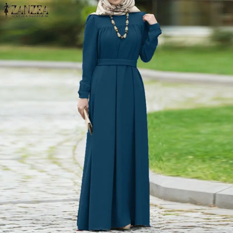 ZANZEA Women Autumn Dress Casual Long Sleeve Solid Maxi Long Vestido Kaftan Abaya Dubai Hijab Muslim Dress Loose Sundress S-