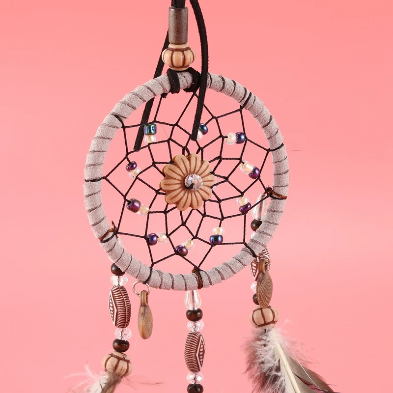 Мини Ловец снов для автомобиля из бисера и натуральных перьев ручной