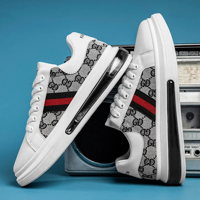 

2021 Spring New Men's White Shoes McQueen Same Style Striped Thick Bottom Shoes Trend Air Cushion Men's Shoes