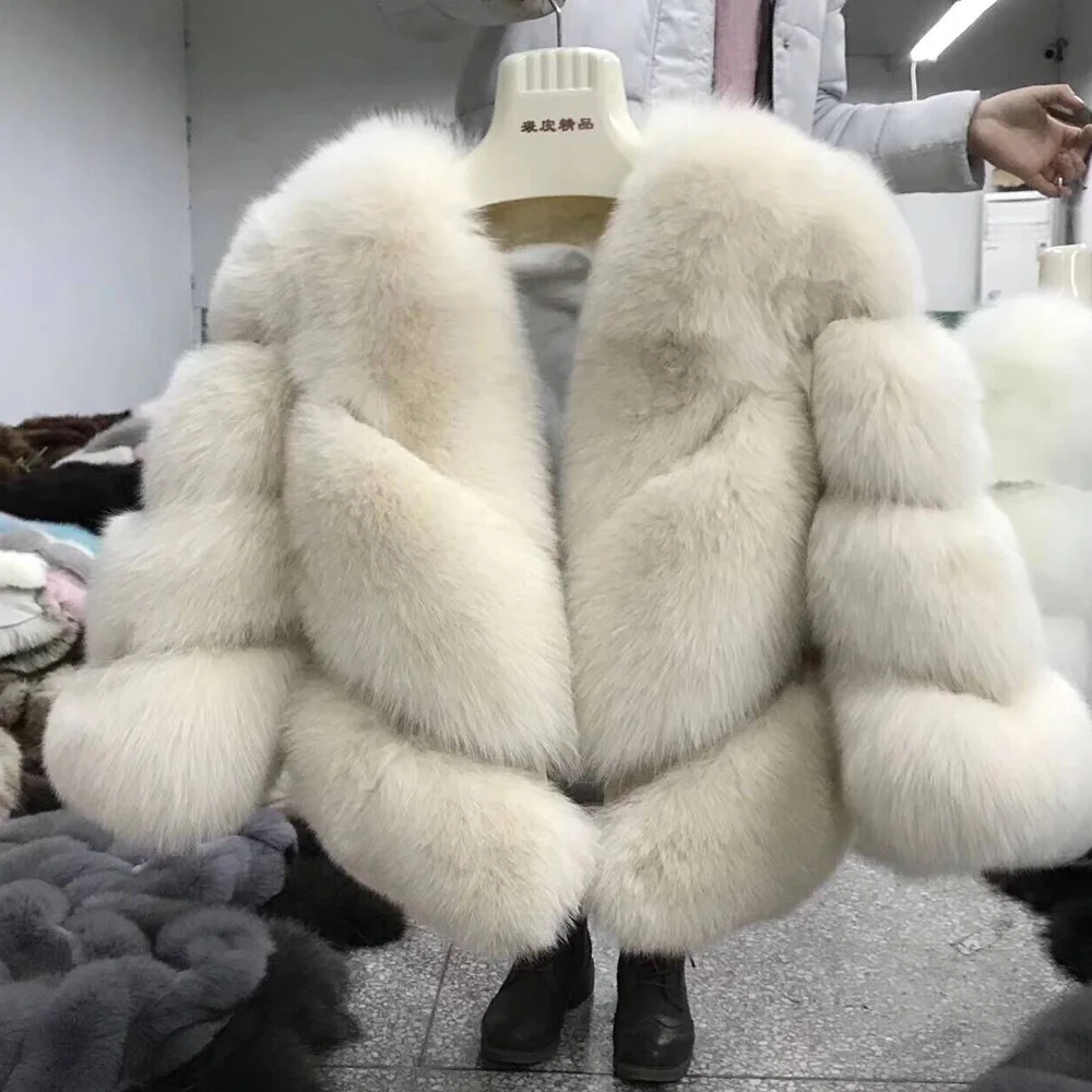 Beige 55 см модная обувь из натурального белого меха лисы Для женщин натуральные жакеты из натурального меха пальто женский 3-мя рядами красивых короткая верхняя одежда для девочек - Цвет: Beige