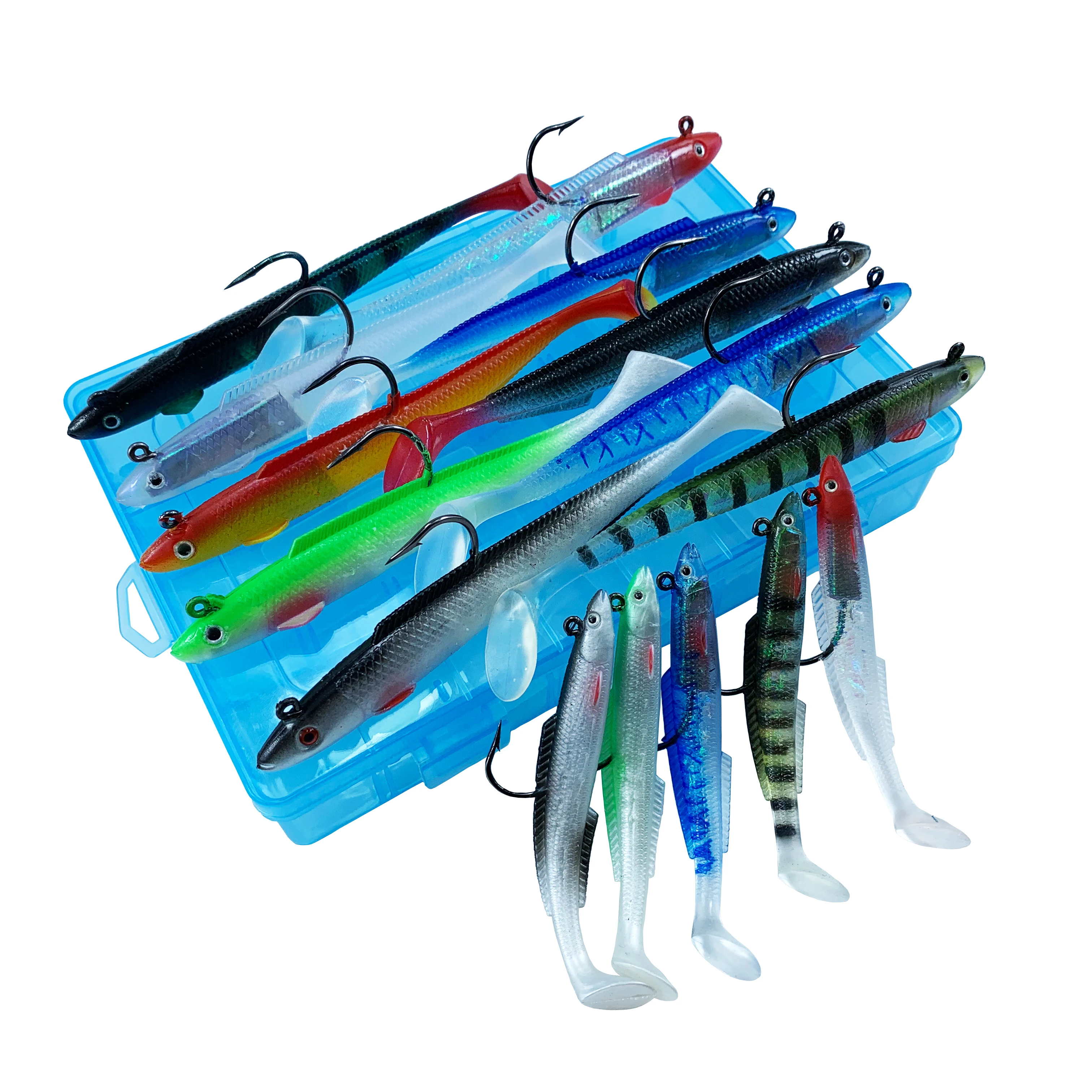 

15pcs/lot Sink Eel Fish soft bait set Fishing lure kit Wobblers jig head Silicone baits lifelike Sea Bass Carp pike long tail