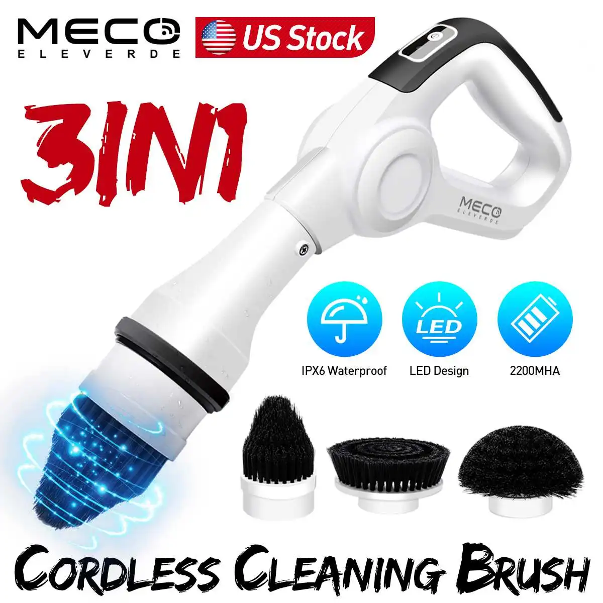 

MECO Electric Cordless Spin Brush High Power Tub Scrubber Rotation Cleaning Tools for Bathtub with 3 Replaceable Brush Heads US