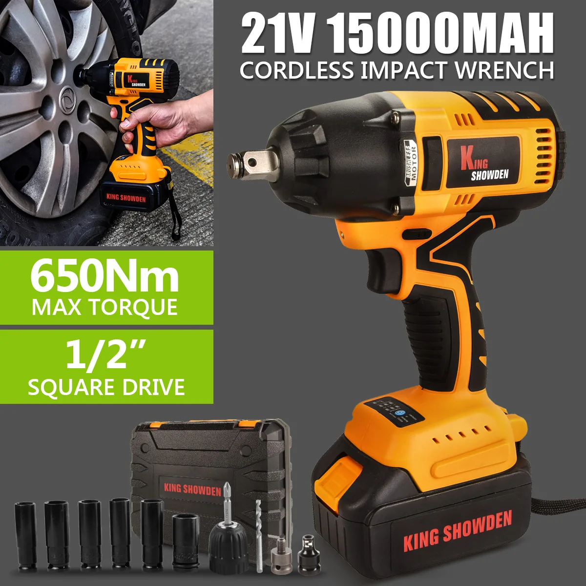 

650N 21V 1/2" Cordless Impact Wrench Lithium Battery Rechargeable Electric Wrench Brushless AU