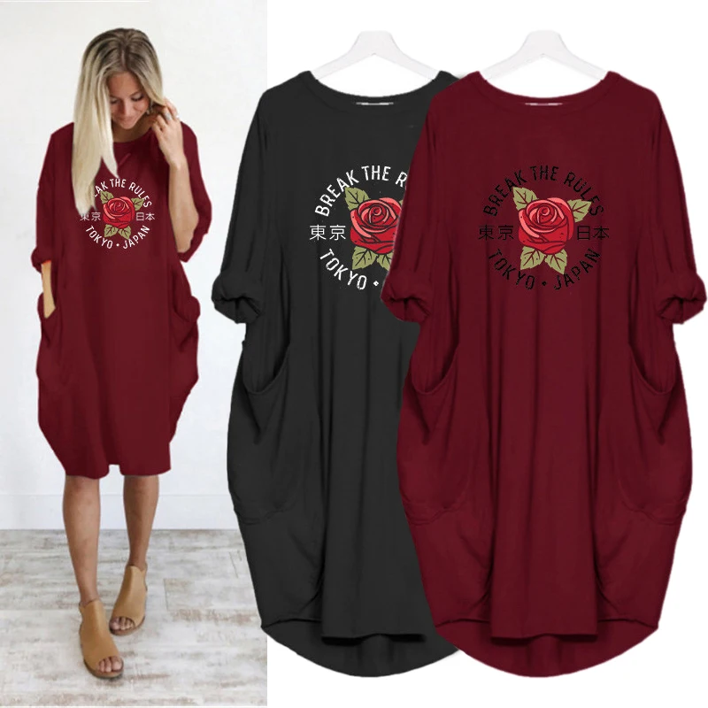 

Dresses Woman Party Night Elegant Rose Letter Print Loose Sleeve Korean Pocket Casual Vintage Streetwear Vestidos