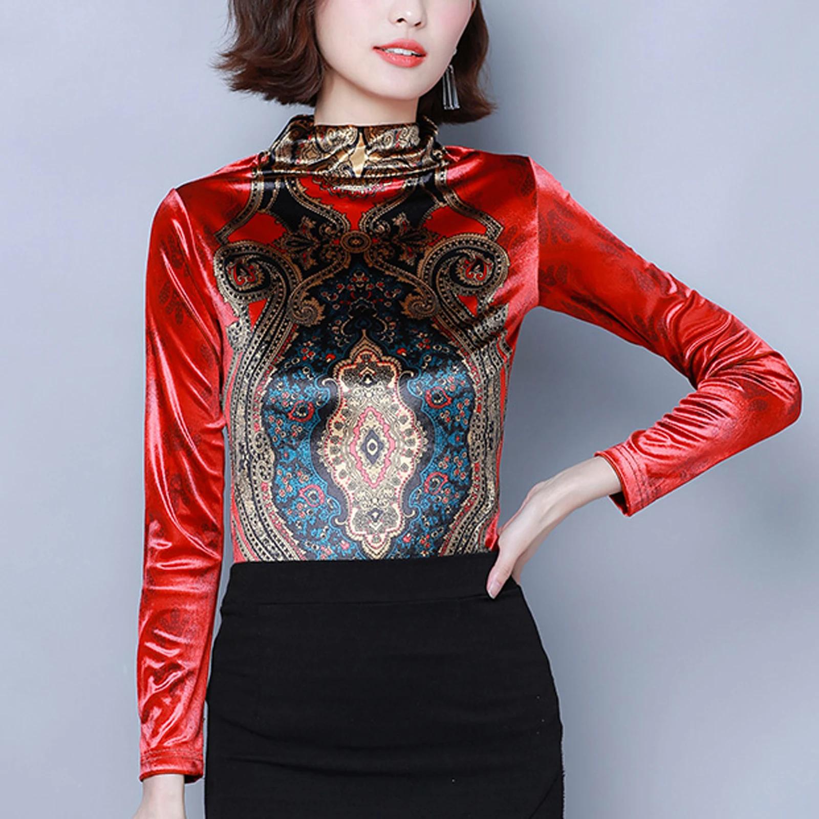 

Осень 2021, новинка, Женский облегающий пуловер Chikichi с принтом, полувысоким воротником и длинным рукавом, Вельветовая осень