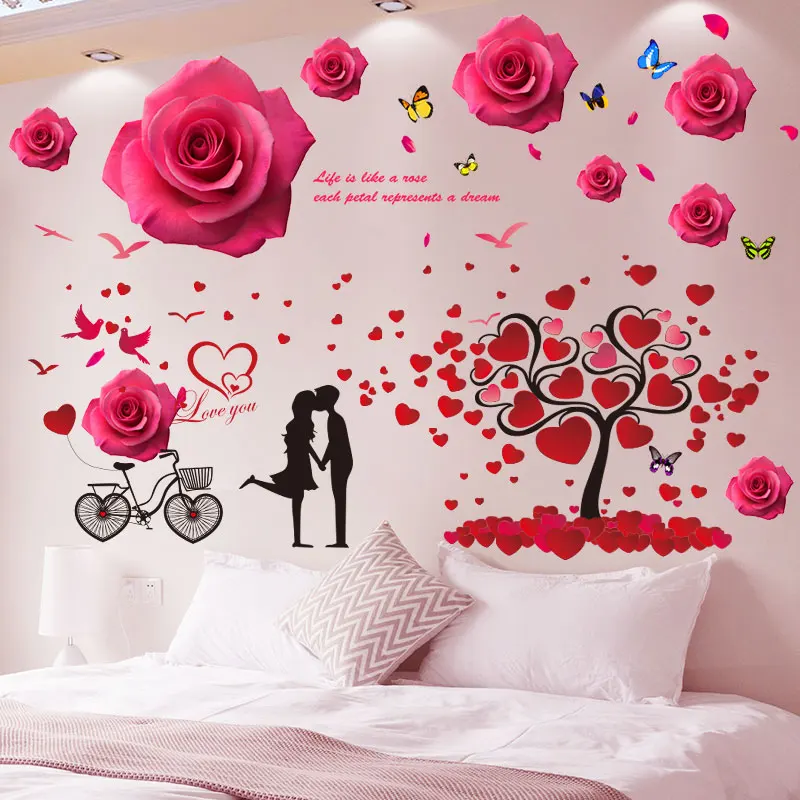 

[shijuekongjian] Love Tree Wall Stickers DIY Cartoon Couples Red Roses Wall Decals for Bedroom House Wedding Room Decoration