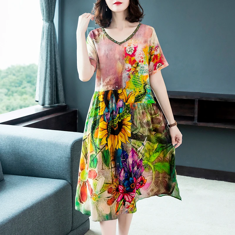 Шелковое летнее платье большого размера с цветочным принтом элегантное средней