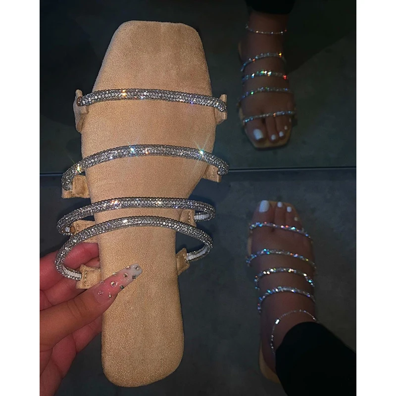 

2020 Handmade Rhinestone Sandals Summer Women Flat Slippers Simple Sandals Open Tea Beach Sandals Roman Women