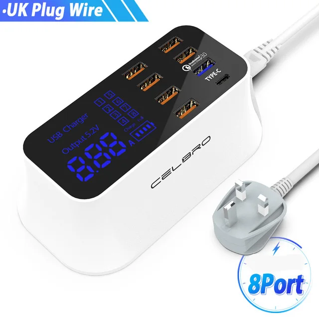UK Plug Мульти Порты и разъёмы USB Зарядное устройство концентратор Quick Charge 3,0 8 Порты и разъёмы Настольный несколько USB Зарядное устройство станция светодиодный Дисплей Быстрая зарядка EU US UK вилкой - Тип штекера: UK Plug