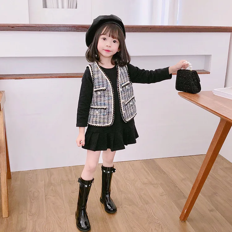 Осенне-зимний комплект одежды для маленьких девочек хлопковое черное платье с
