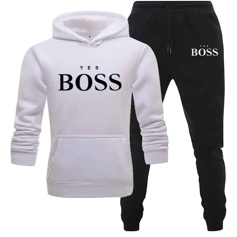 

Men Yes Boss Print Suit Two Pieces Set Men's Hoodies Sweatshirt+Pants Male Hoody Jogging Tracksuit Men Sportswear Brand Outfit