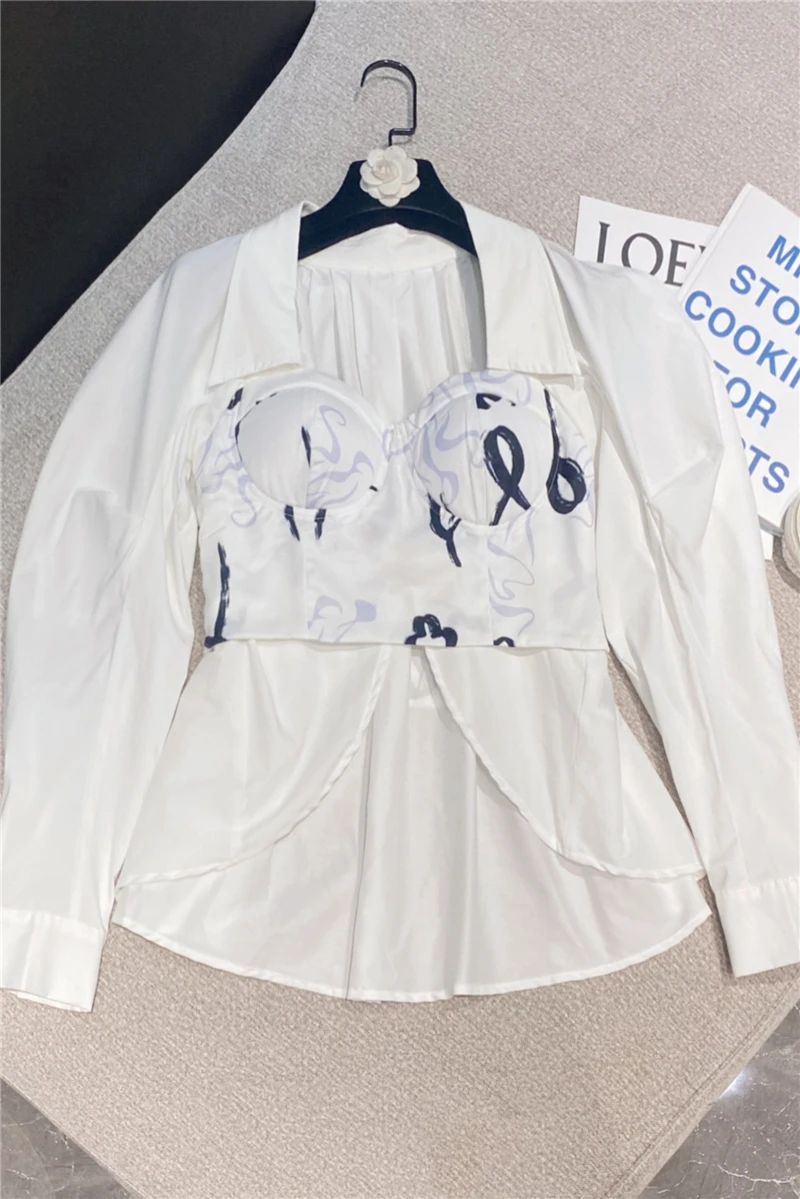 

Fashion All-Match Sexy Ink Printing Shirt for Ladies 2021 Early Autumn New White Lapel Long Sleeve Loose Blouse Women's