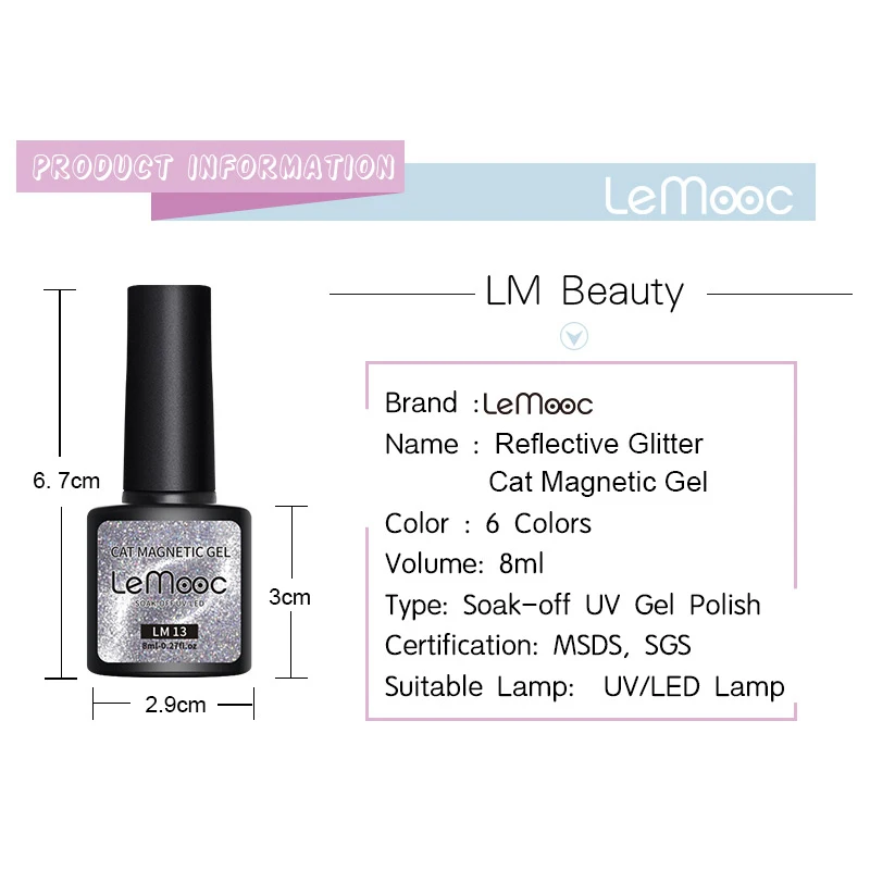 

LEMOOC Nail Gel Polish Holo Reflective Glitter Cat Magnetic Hybrid Varnish Holographics Effect Silver Soak Off UV Gel Varnish