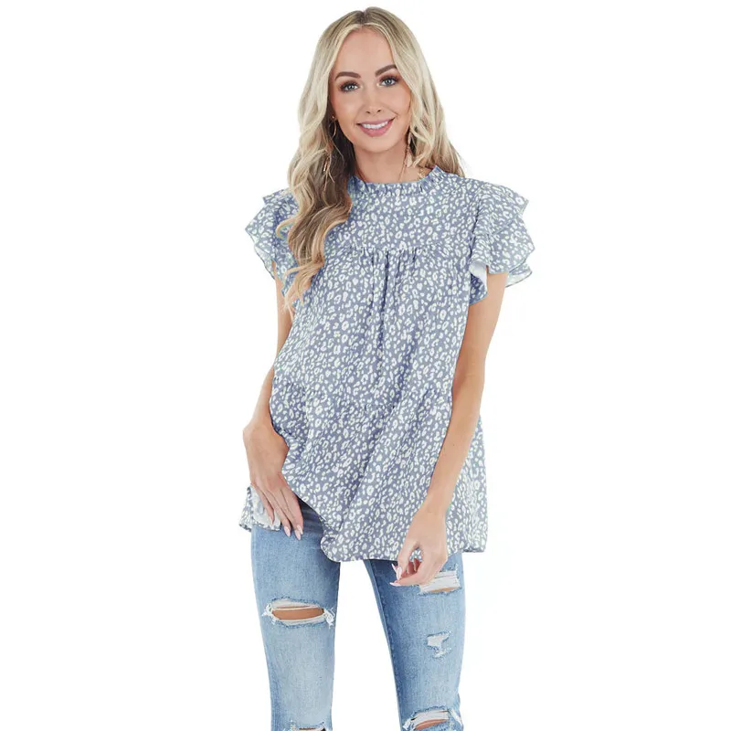 

Блузка женская с рукавом лотоса, милая рубашка с леопардовым принтом и оборками, Прошитый Топ, Y2K, на лето