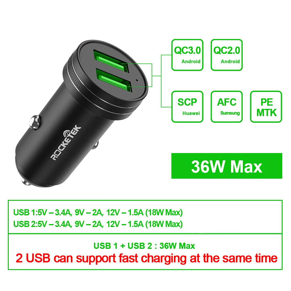 Rocketek USB Автомобильное зарядное устройство мобильный телефон Быстрая зарядка для