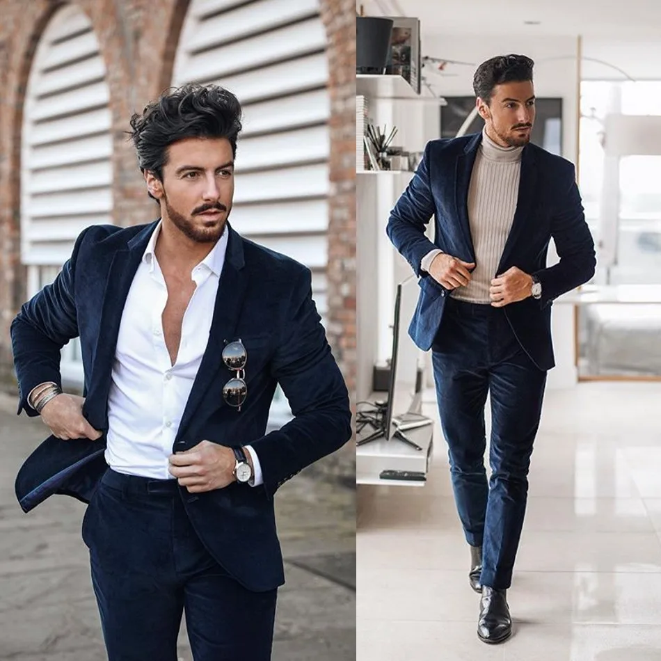 

High Quality Velvet Men Tuxedos Groom Wedding Suits Slim Fit Two Button Peaked Lapel Mens Suit 2 Pieces Coat Pants (jacket+Pants